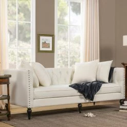 Stanbury 82.5 in. Antique White Linen 3-Seater Tuxedo Sofa with Nailheads by Jennifer Taylor -Jennifer Taylor Home Store antique white woven jennifer taylor sofas couches 63012 3 879 66 1000