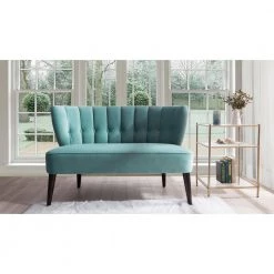 Becca 52 in. Arctic Blue Channel Button Tufted Velvet 2-Seater Armless Settee with Wood Legs by Jennifer Taylor -Jennifer Taylor Home Store arctic blue velvet jennifer taylor loveseats 61110 894 31 1000