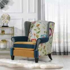 Anya Blue-Teal and Yellow-Gold Floral and Leopard Velvet Boho Chic Wingback Chair by Jennifer Taylor