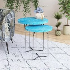 Nelli 20 in. W Blue Wash 22 in. H Round Wood Nesting End Tables with Iron Legs (Set of 2) by Handy Living -Jennifer Taylor Home Store blue wash handy living nesting tables a186544 31 1000
