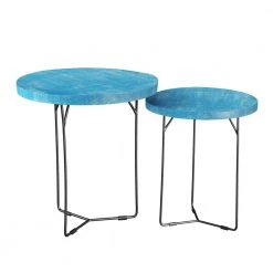 Nelli 20 in. W Blue Wash 22 in. H Round Wood Nesting End Tables with Iron Legs (Set of 2) by Handy Living