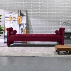 Eliza Upholstered Sofa Bed with 2 Bolster Pillows, Burgundy by Jennifer Taylor -Jennifer Taylor Home Store burgundy velvet jennifer taylor chaise lounges 65001 673 31 1000