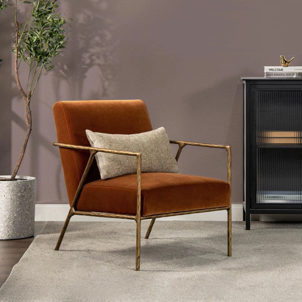 Aerin 24.5 in. Burnt Orange Performance Velvet Hammered Brass Upholstered Accent Arm Chair by Jennifer Taylor 2 Aerin 24.5 in. Burnt Orange Performance Velvet Hammered Brass Upholstered Accent Arm Chair by Jennifer Taylor - Image 2