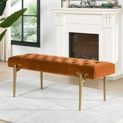 Aria 49 x 20 x 19 in. Burnt Orange Performance Velvet Upholstered Gold Accent Bench by Jennifer Taylor