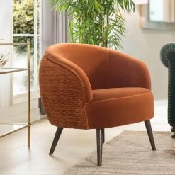 London Mid-Century Modern Ruched Barrel Chair, Burnt Orange by Jennifer Taylor -Jennifer Taylor Home Store burnt orange velvet jennifer taylor accent chairs 60280 mvo 31 1000