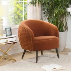 London Mid-Century Modern Ruched Barrel Chair, Burnt Orange by Jennifer Taylor -Jennifer Taylor Home Store burnt orange velvet jennifer taylor accent chairs 60280 mvo c3 1000
