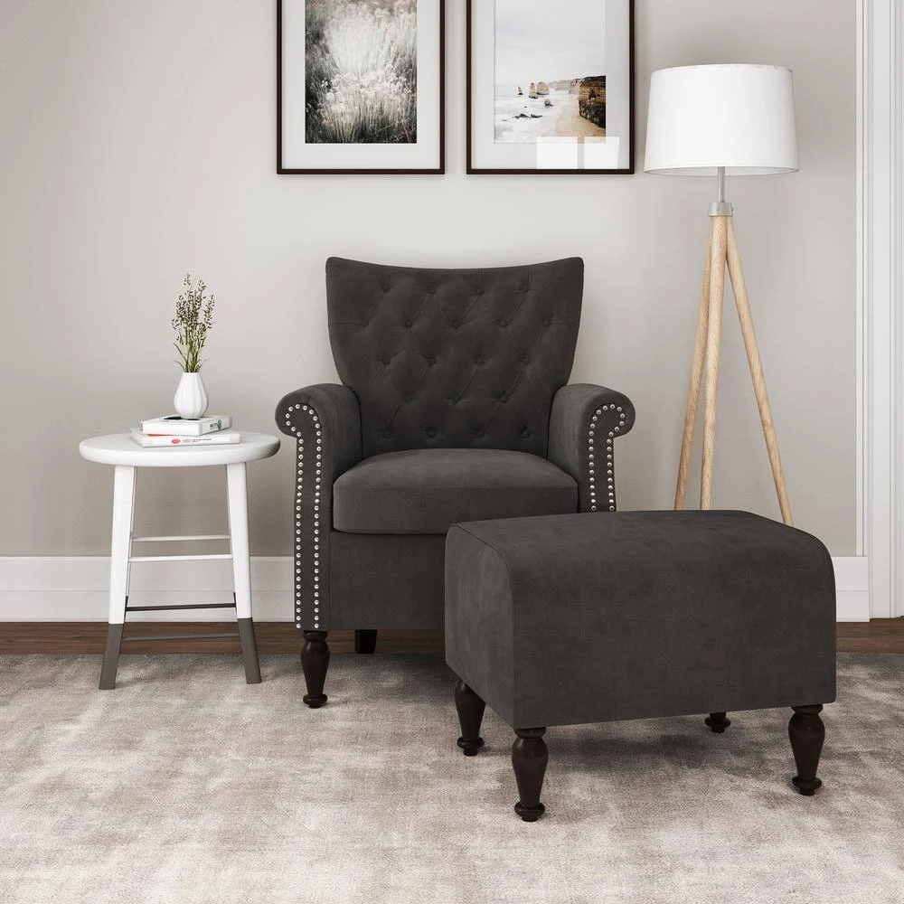 Margaux Charcoal Gray Velvet Button Tufted Rolled Arm Chair and Ottoman Set by Handy Living 12 Margaux Charcoal Gray Velvet Button Tufted Rolled Arm Chair and Ottoman Set by Handy Living - Image 12