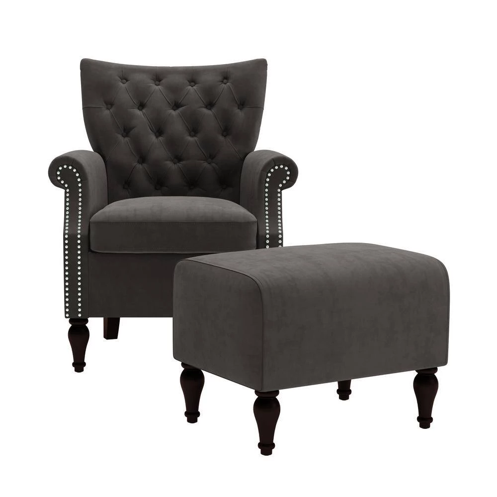 Margaux Charcoal Gray Velvet Button Tufted Rolled Arm Chair and Ottoman Set by Handy Living 7 Margaux Charcoal Gray Velvet Button Tufted Rolled Arm Chair and Ottoman Set by Handy Living - Image 7
