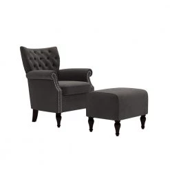 Margaux Charcoal Gray Velvet Button Tufted Rolled Arm Chair and Ottoman Set by Handy Living