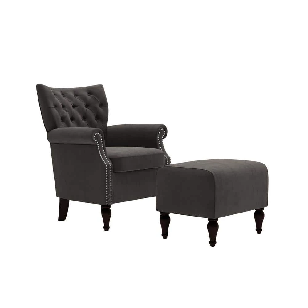 Margaux Charcoal Gray Velvet Button Tufted Rolled Arm Chair and Ottoman Set by Handy Living 1 Margaux Charcoal Gray Velvet Button Tufted Rolled Arm Chair and Ottoman Set by Handy Living
