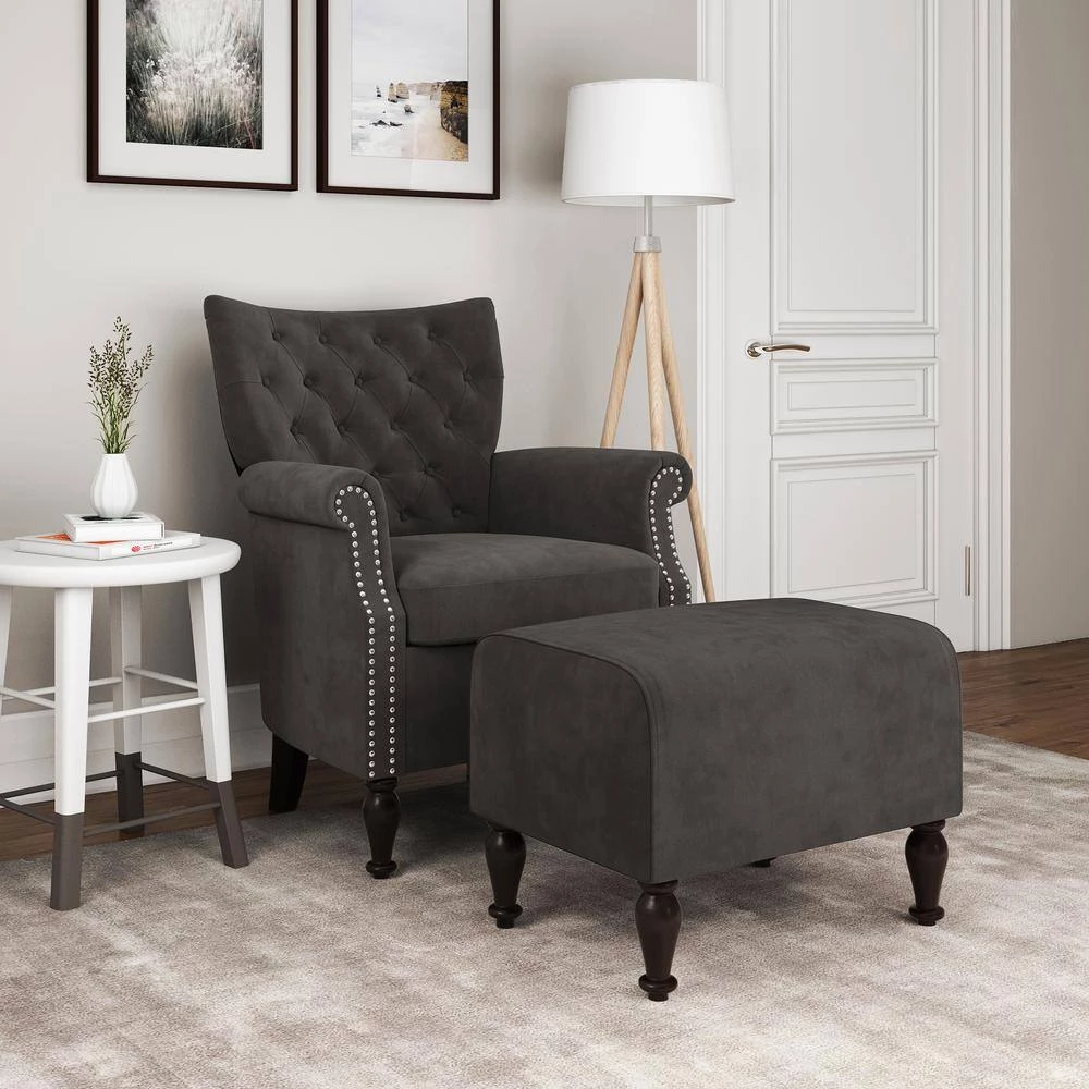 Margaux Charcoal Gray Velvet Button Tufted Rolled Arm Chair and Ottoman Set by Handy Living 6 Margaux Charcoal Gray Velvet Button Tufted Rolled Arm Chair and Ottoman Set by Handy Living - Image 6