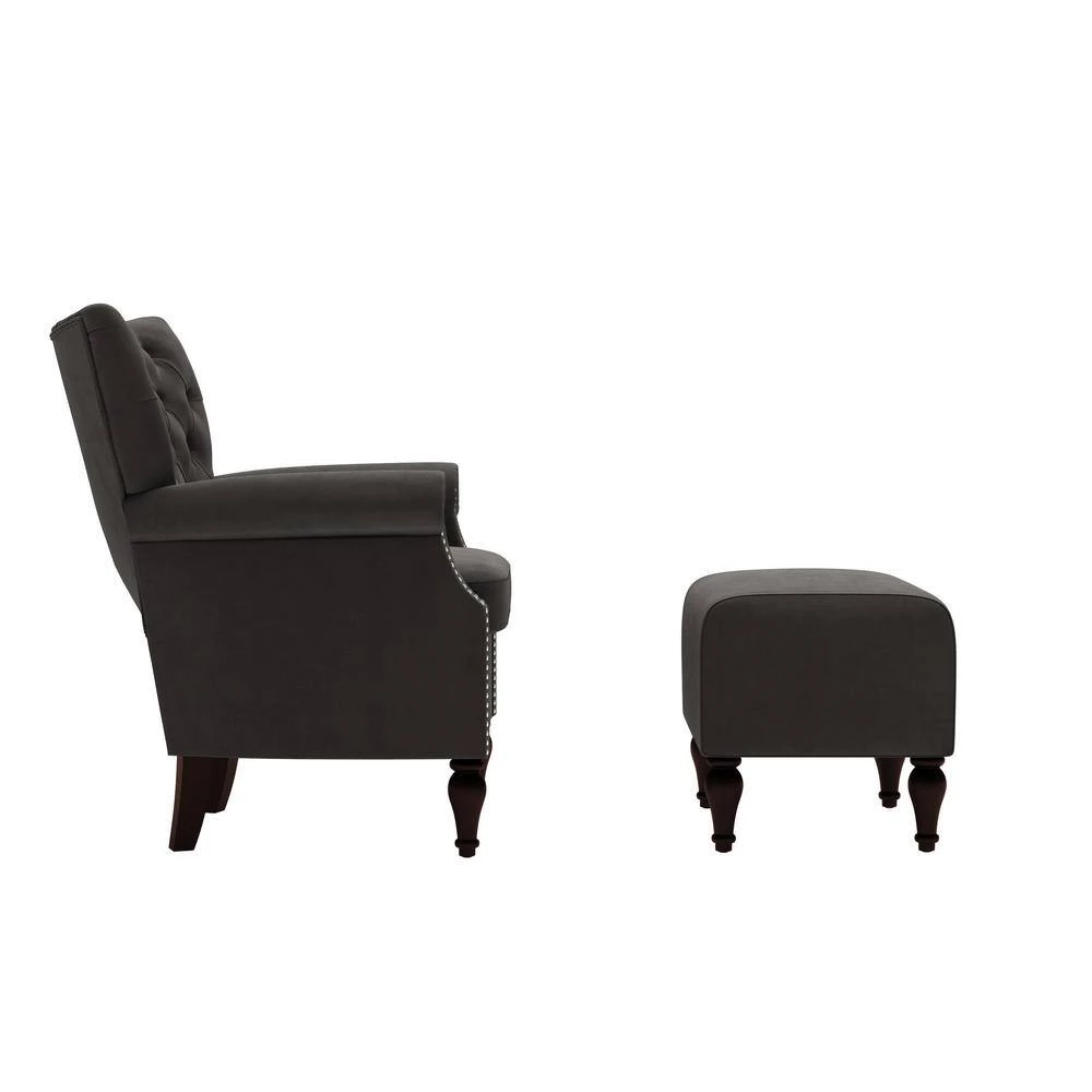 Margaux Charcoal Gray Velvet Button Tufted Rolled Arm Chair and Ottoman Set by Handy Living 2 Margaux Charcoal Gray Velvet Button Tufted Rolled Arm Chair and Ottoman Set by Handy Living - Image 2