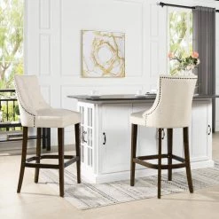 Laura 45.5 in. Coconut White Tufted Birch Wood 32 in. Barstool with Linen Seat by Jennifer Taylor -Jennifer Taylor Home Store coconut white linen jennifer taylor bar stools 81150 mlo 31 1000