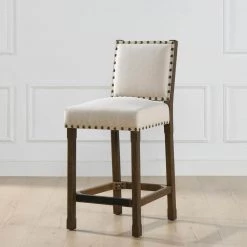 Laura 45.5 in. Coconut White Tufted Birch Wood 32 in. Barstool with Linen Seat by Jennifer Taylor