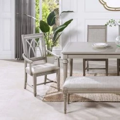 Dauphin X-Back Upholstered Dining Arm Chair, Cream White Top Grain Leather and Cashmere Gray Wood by Jennifer Taylor -Jennifer Taylor Home Store cream white top grain leather jennifer taylor dining chairs 60320 xlc 1d 1000