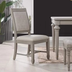 Dauphin Upholstered Dining Side Chair, Set of 2, Cream White Top Grain Leather and Cashmere Gray Wood by Jennifer Taylor