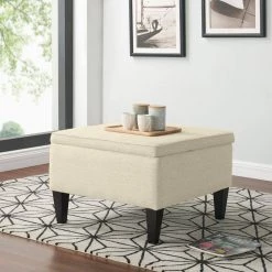Shumer Square Creamy Tan Oatmeal Linen Bench Storage Ottoman with Removable Top 19 in. H x 28 in. W x 28 in. D by Handy Living -Jennifer Taylor Home Store creamy tan oatmeal handy living ottomans a162715 31 1000
