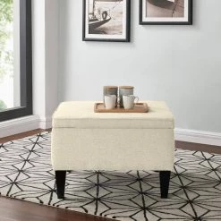 Shumer Square Creamy Tan Oatmeal Linen Bench Storage Ottoman with Removable Top 19 in. H x 28 in. W x 28 in. D by Handy Living -Jennifer Taylor Home Store creamy tan oatmeal handy living ottomans a162715 c3 1000