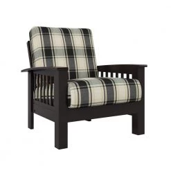 Omaha Mission Style Dark Espresso Arm Chair with Exposed Wood Frame in Brown and Black Plaid by Handy Living