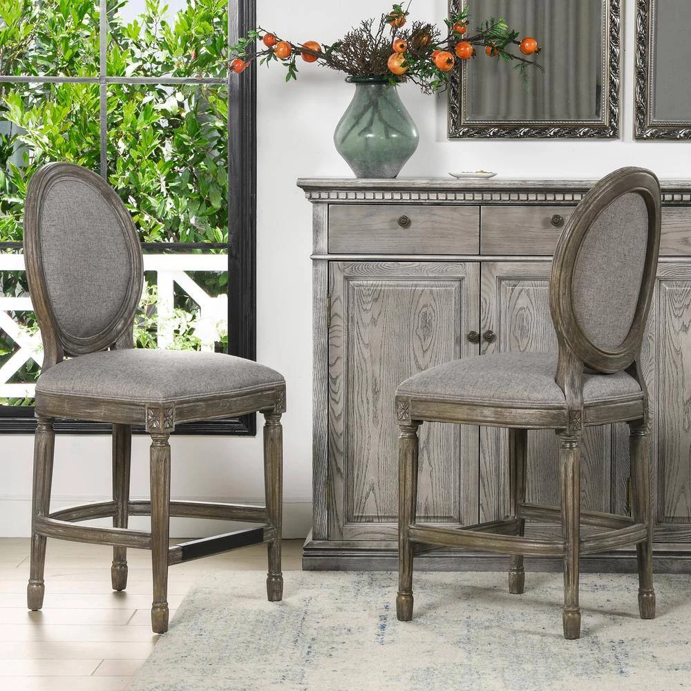Bella 26 in. Upholstered Round Back Counter Height Bar Stool, Dark Heathered Grey Linen by Jennifer Taylor 4 Bella 26 in. Upholstered Round Back Counter Height Bar Stool, Dark Heathered Grey Linen by Jennifer Taylor - Image 4
