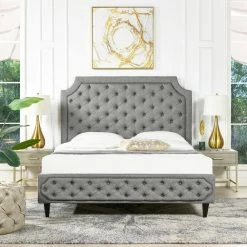Helen 68 in. W Dark Heathered Grey Linen Tall Upholstered Tufted Platform Queen Bed Frame by Jennifer Taylor -Jennifer Taylor Home Store dark heathered grey linen jennifer taylor platform beds 50440 3 mlh 1 31 1000