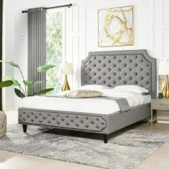 Helen 68 in. W Dark Heathered Grey Linen Tall Upholstered Tufted Platform Queen Bed Frame by Jennifer Taylor -Jennifer Taylor Home Store dark heathered grey linen jennifer taylor platform beds 50440 3 mlh 1 40 1000