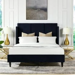 Adonis 65" W Tall Wingback Queen Platform Bed Frame, Dark Navy Blue Velvet by Jennifer Taylor -Jennifer Taylor Home Store dark navy blue jennifer taylor platform beds 52270 3 872 1 40 1000