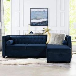 Jack 100 in. W Square Arm 2-Piece Velvet L-Shape Sectional Sofa in Dark Navy Blue with Reversible Chaise by Jennifer Taylor -Jennifer Taylor Home Store dark navy blue performance velvet jennifer taylor sectional sofas 66160 872 31 1000