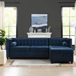 Jack 100 in. W Square Arm 2-Piece Velvet L-Shape Sectional Sofa in Dark Navy Blue with Reversible Chaise by Jennifer Taylor -Jennifer Taylor Home Store dark navy blue performance velvet jennifer taylor sectional sofas 66160 872 40 1000