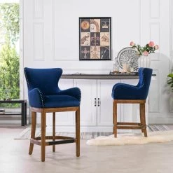 Blake 40.75 in. Deep Blue Tight Back Oak Wood 28 in. Barstool with Velvet Seat by Jennifer Taylor