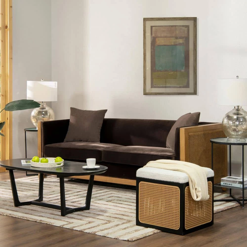 Georgia 81 in. W 3 Seat Square Arm Performance Velvet Tuxedo Rectangular Rattan Cane Sofa in Deep Brown by Jennifer Taylor 2 Georgia 81 in. W 3 Seat Square Arm Performance Velvet Tuxedo Rectangular Rattan Cane Sofa in Deep Brown by Jennifer Taylor - Image 2