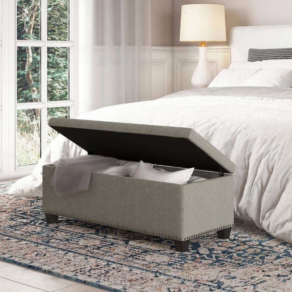 Tufted Wall Hugger Dove Gray Linen Bench Storage Ottoman 19 in. H x 48 in. W x 21.75 in. D by Handy Living 5 Tufted Wall Hugger Dove Gray Linen Bench Storage Ottoman 19 in. H x 48 in. W x 21.75 in. D by Handy Living - Image 5
