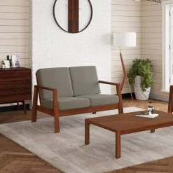 Behnken 48 in. Dove Gray Linen-Like Fabric 2-Seat Mid-Century Modern Loveseat with Exposed Wood Frame in a Cherry by Handy Living -Jennifer Taylor Home Store dove gray linen like handy living loveseats a184422 4f 1000