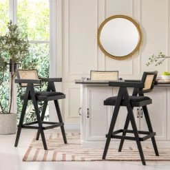 Milan 29.5 in. Modern Webbing Back Bar Stool with Arms Ebony Black Boucle (Set of 3) by Jennifer Taylor -Jennifer Taylor Home Store ebony black boucle jennifer taylor bar stools 81240 mbb 3p my 31 1000