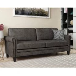 Fulton 79.8 in. Fog Gray Distressed Faux Leather 3-Seater Lawson Sofa with Removable Cushions by Handy Living -Jennifer Taylor Home Store fog gray distressed faux leather handy living sofas couches a152839 31 1000