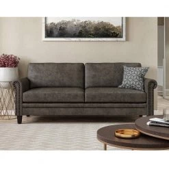 Fulton 79.8 in. Fog Gray Distressed Faux Leather 3-Seater Lawson Sofa with Removable Cushions by Handy Living -Jennifer Taylor Home Store fog gray distressed faux leather handy living sofas couches a152839 c3 1000