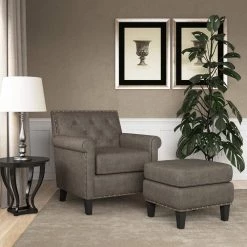 Angie Button in Distressed Fog Gray Faux Leather Tufted Rolled Arm Chair and Ottoman Set by Handy Living -Jennifer Taylor Home Store fog gray distressed handy living accent chairs a153065 31 1000