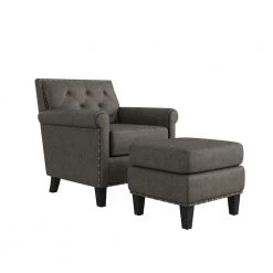 Angie Button in Distressed Fog Gray Faux Leather Tufted Rolled Arm Chair and Ottoman Set by Handy Living -Jennifer Taylor Home Store fog gray distressed handy living accent chairs a153065 40 1000