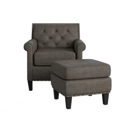 Angie Button in Distressed Fog Gray Faux Leather Tufted Rolled Arm Chair and Ottoman Set by Handy Living