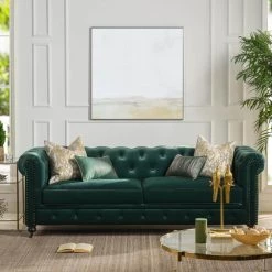 Winston 38 in. Forest Green Velvet 3-Seater Chesterfield Sofa with Nailheads by Jennifer Taylor