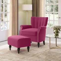 Duncan Fuchsia Pink Velour Channel Tufted Rolled Arm Chair and Ottoman Set by Handy Living -Jennifer Taylor Home Store fuchsia pink handy living accent chairs a153188 31 1000