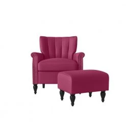 Duncan Fuchsia Pink Velour Channel Tufted Rolled Arm Chair and Ottoman Set by Handy Living -Jennifer Taylor Home Store fuchsia pink handy living accent chairs a153188 4f 1000