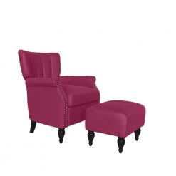 Duncan Fuchsia Pink Velour Channel Tufted Rolled Arm Chair and Ottoman Set by Handy Living