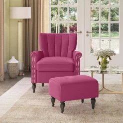 Duncan Fuchsia Pink Velour Channel Tufted Rolled Arm Chair and Ottoman Set by Handy Living -Jennifer Taylor Home Store fuchsia pink handy living accent chairs a153188 c3 1000