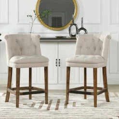 Emma 39 in. Greige Gray Tufted Rubber Wood 27 in. Counter Height Bar Stool with Linen Seat by Jennifer Taylor 19 Emma 39 in. Greige Gray Tufted Rubber Wood 27 in. Counter Height Bar Stool with Linen Seat by Jennifer Taylor -Jennifer Taylor Home Store greige gray linen jennifer taylor bar stools 81171 mlg 31 1000