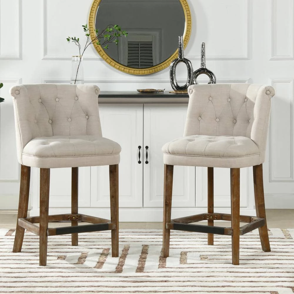 Emma 39 in. Greige Gray Tufted Rubber Wood 27 in. Counter Height Bar Stool with Linen Seat by Jennifer Taylor 10 Emma 39 in. Greige Gray Tufted Rubber Wood 27 in. Counter Height Bar Stool with Linen Seat by Jennifer Taylor - Image 10