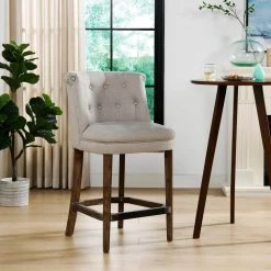 Emma 39 in. Greige Gray Tufted Rubber Wood 27 in. Counter Height Bar Stool with Linen Seat by Jennifer Taylor