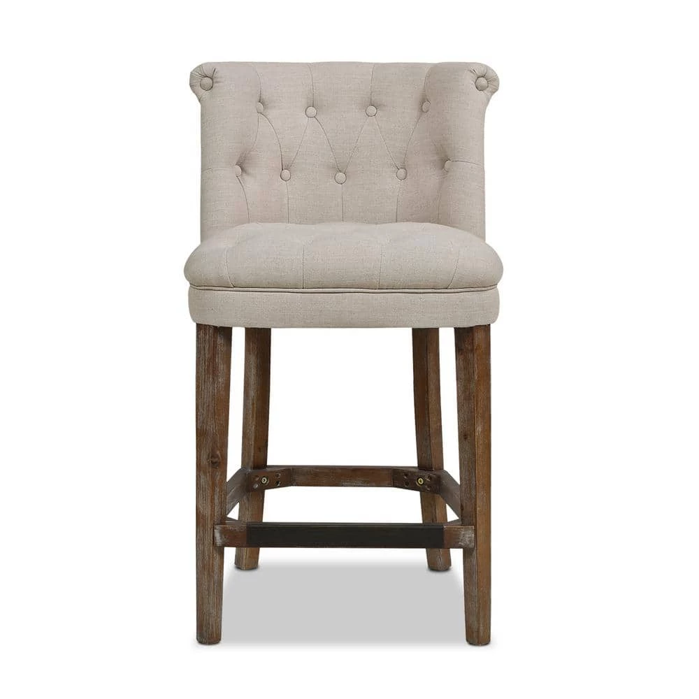 Emma 39 in. Greige Gray Tufted Rubber Wood 27 in. Counter Height Bar Stool with Linen Seat by Jennifer Taylor 2 Emma 39 in. Greige Gray Tufted Rubber Wood 27 in. Counter Height Bar Stool with Linen Seat by Jennifer Taylor - Image 2