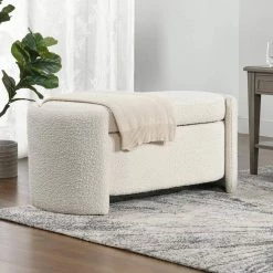 Fuji Ivory White Boucle Upholstered Oval Storage Bench 43.5 in. x 22 in. x 19 in. by Jennifer Taylor