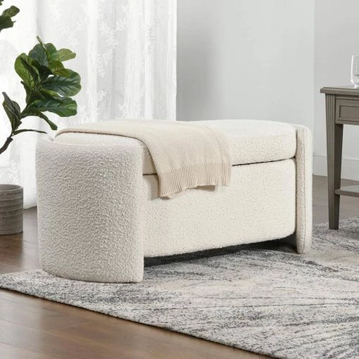 Fuji Ivory White Boucle Upholstered Oval Storage Bench 43.5 in. x 22 in. x 19 in. by Jennifer Taylor -Jennifer Taylor Home Store ivory white boucle jennifer taylor bedroom benches 85740 mbw 64 1000